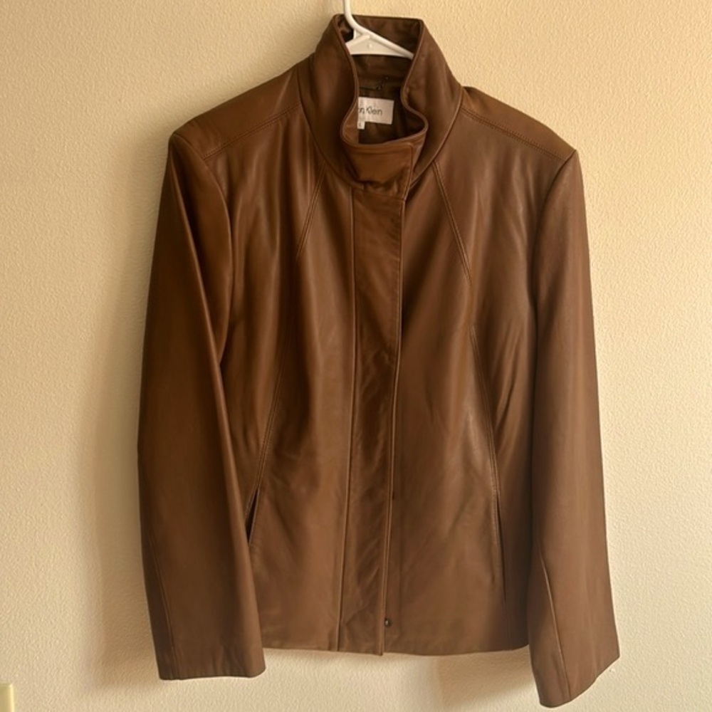 Calvin Klein Women's Brown Leather Front 2 Pocket Zip + Snaps Jacket ..Size:L